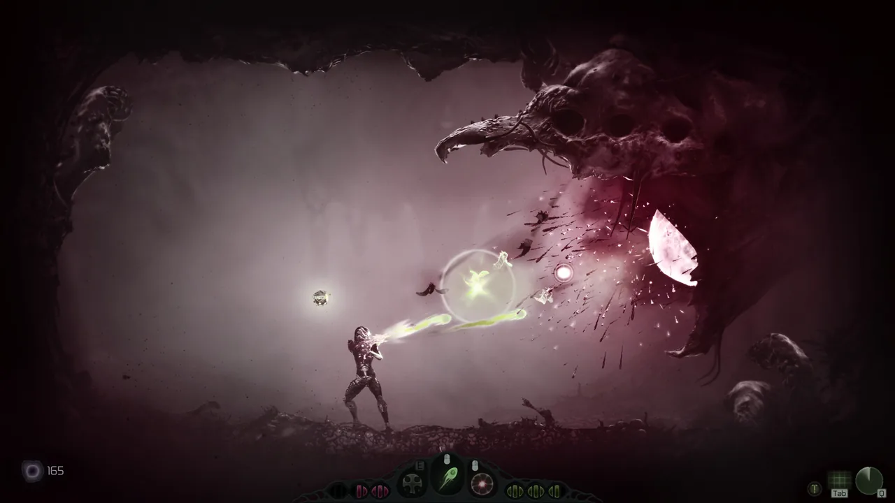 Moadra combat: Meras firing a green energy shot at a large hooded enemy inside a purple-lit cave