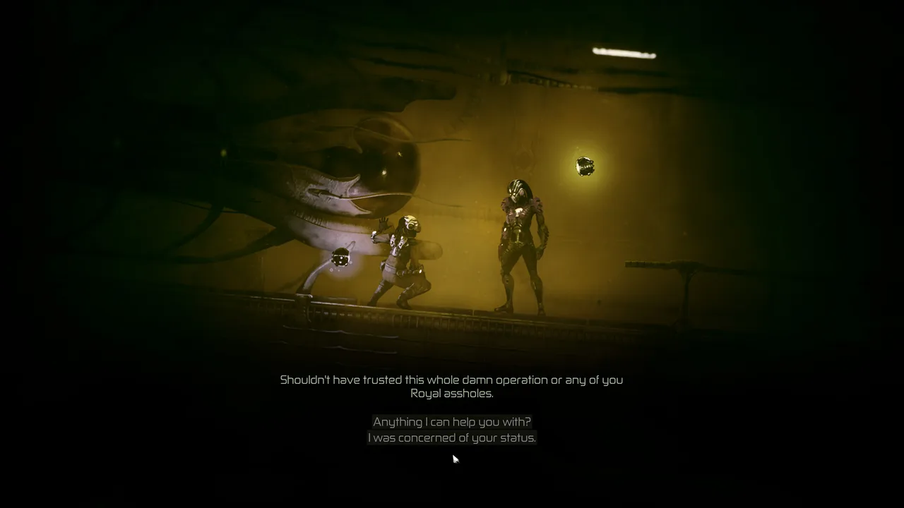 Moadra story dialogue showing a spoken subtitle line and two selectable player responses