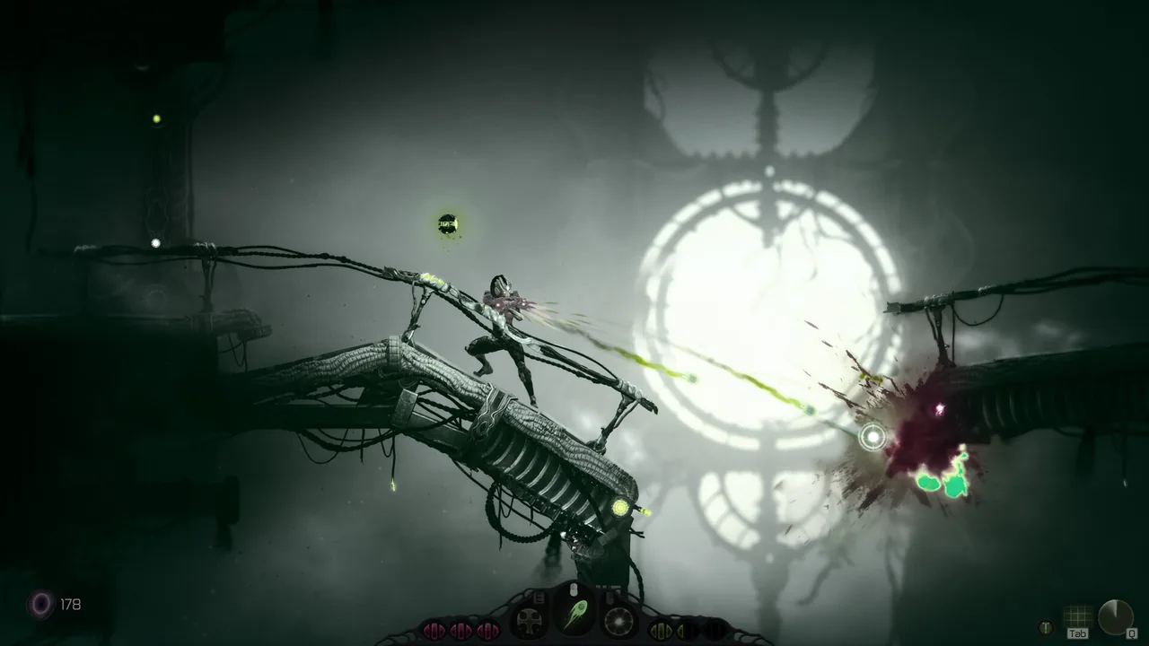 Moadra HUD with the health counter at the bottom-left and biomass ability slots along the bottom edge