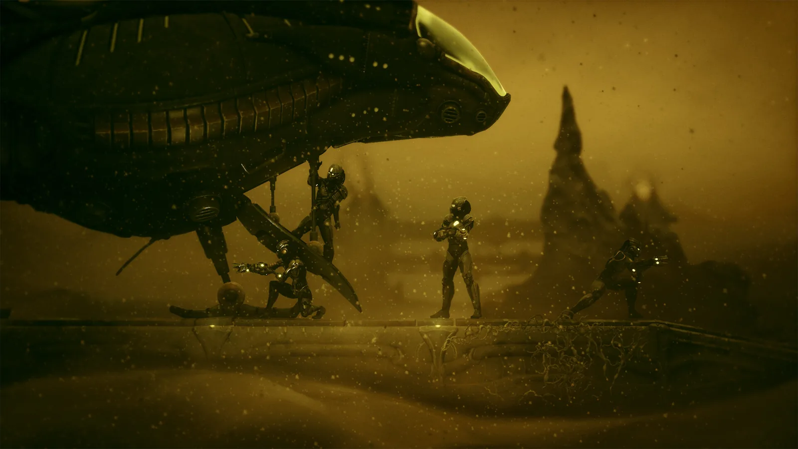 Protea VI surface in Moadra: drifting sand, dust haze and a landed ship hull